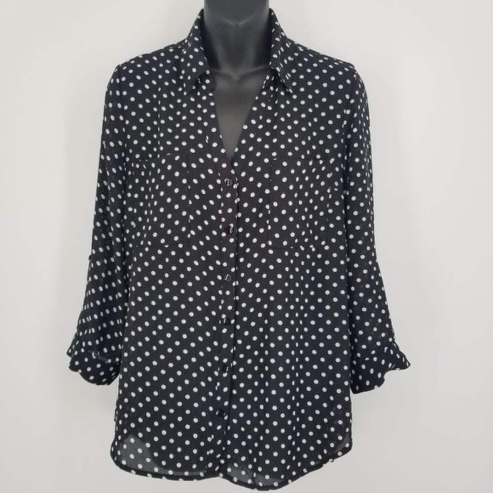 A. BYER blouse polka dot black white high low hem S
